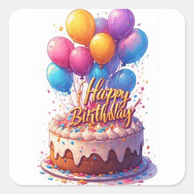 Happy Birthday Balloons Quadratischer Aufkleber (Vorderseite)