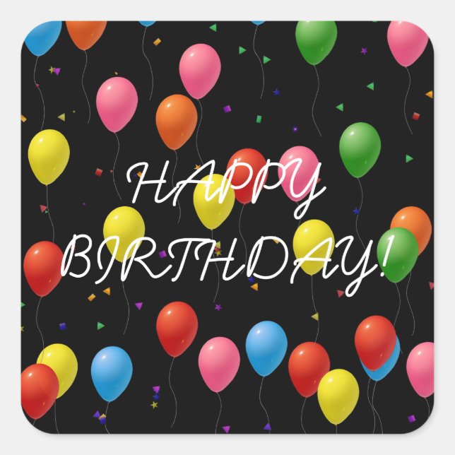 Happy Birthday Balloons Quadratischer Aufkleber (Vorderseite)