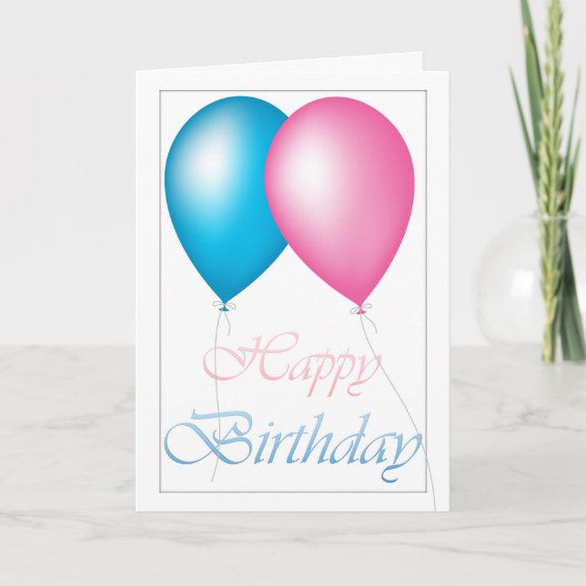Happy Birthday Balloons Rosa und Blau Karte (Vorderseite)