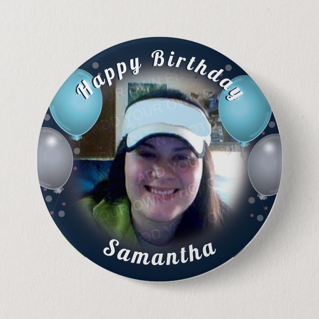Happy Birthday Balloons und Foto Blue Button (Vorderseite)