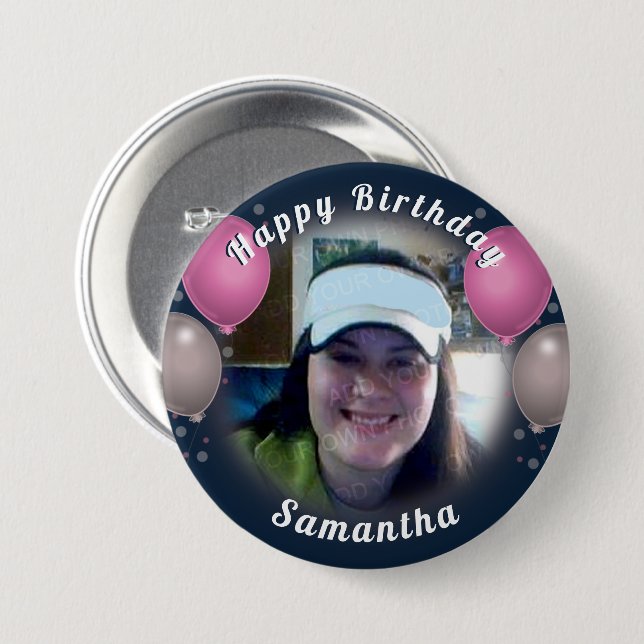 Happy Birthday Balloons und Foto Pink Button (Vorne & Hinten)