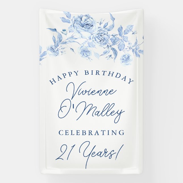 Happy Birthday Banner 21. Blue Floral Template (Vertikal)