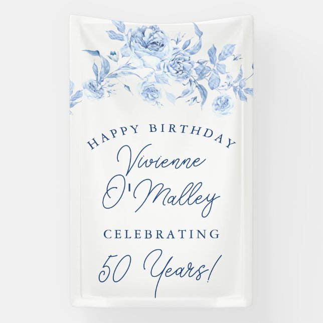 Happy Birthday Banner 50. Blue Floral Template (Vertikal)
