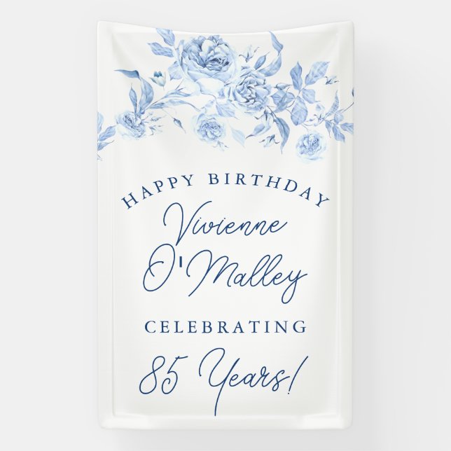 Happy Birthday Banner 85th Blue Floral Template (Vertikal)