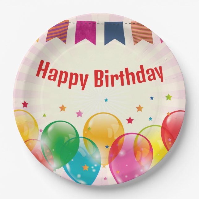 Happy Birthday Banner Balloons Pappteller (Vorderseite)