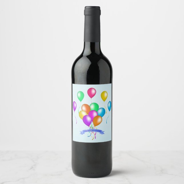 Happy Birthday Banner mit hellen festlichen Balloo Weinetikett (Vorderseite)