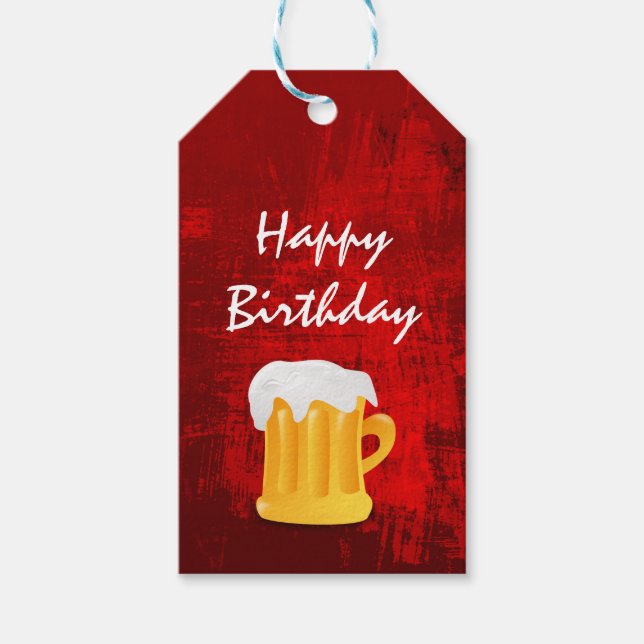 Happy Birthday Beer Tasse auf Rustikal Rot Abstrak Geschenkanhänger (Vorderseite)