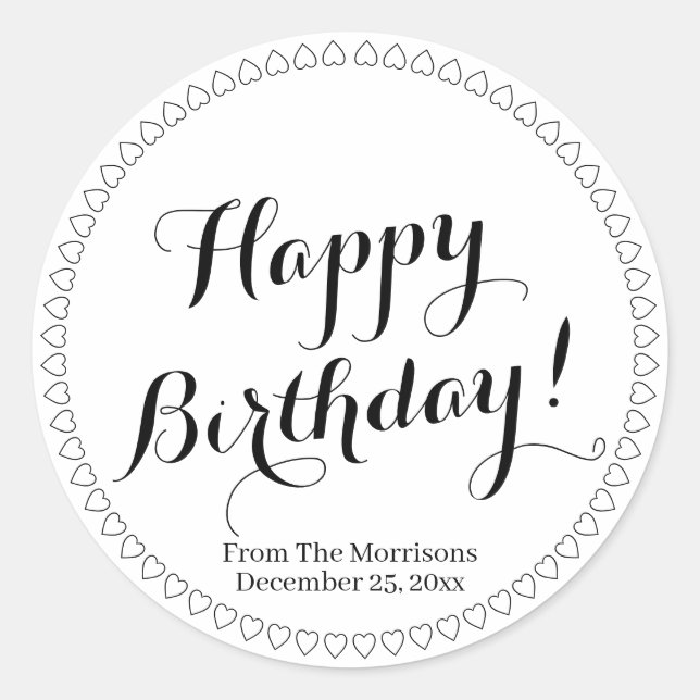 Happy Birthday benutzerdefinierte Skriptnamen Herz Runder Aufkleber (Vorderseite)