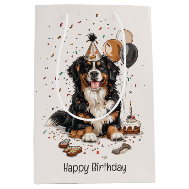 Happy Birthday Bernese Mountain Dog Mittlere Geschenktüte (Vorderseite)