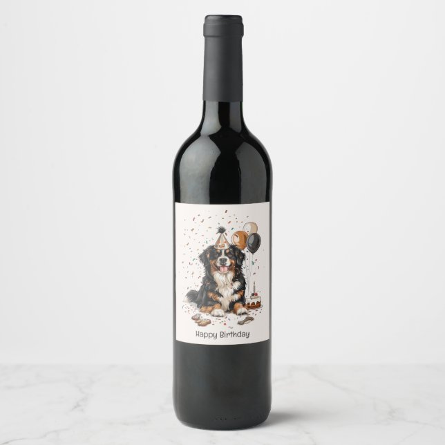 Happy Birthday Bernese Mountain Dog Weinetikett (Vorderseite)