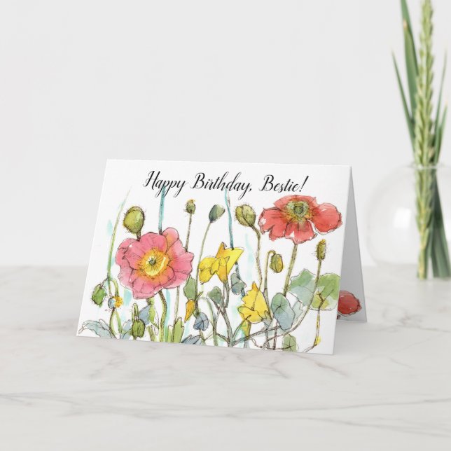Happy Birthday Bestie Friend Poppy Wildblumen Karte (Vorderseite)