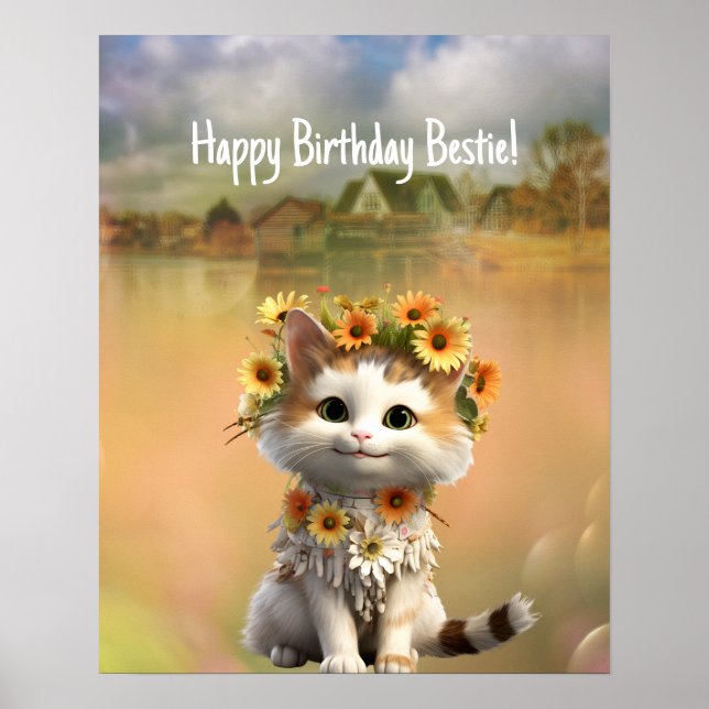 Happy Birthday Bestie Niedlich Boho Cat Poster (Vorne)