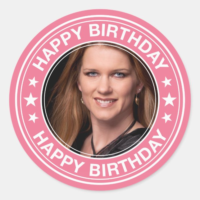 Happy Birthday Bild Rahmen in Rosa Runder Aufkleber (Vorderseite)