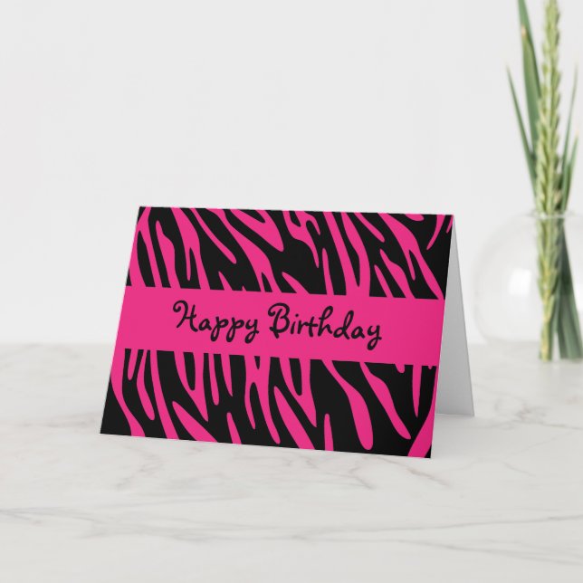 Happy Birthday Black and Pink Zebra Stripe Card Karte (Vorderseite)