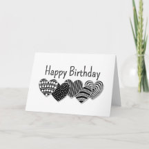 Happy Birthday Black and White Decorative Hearts