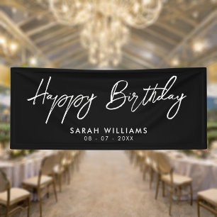 Happy Birthday Black and White Modern Script Banner