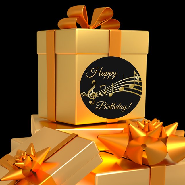 Happy Birthday black gold music notes Runder Aufkleber (Von Creator hochgeladen)