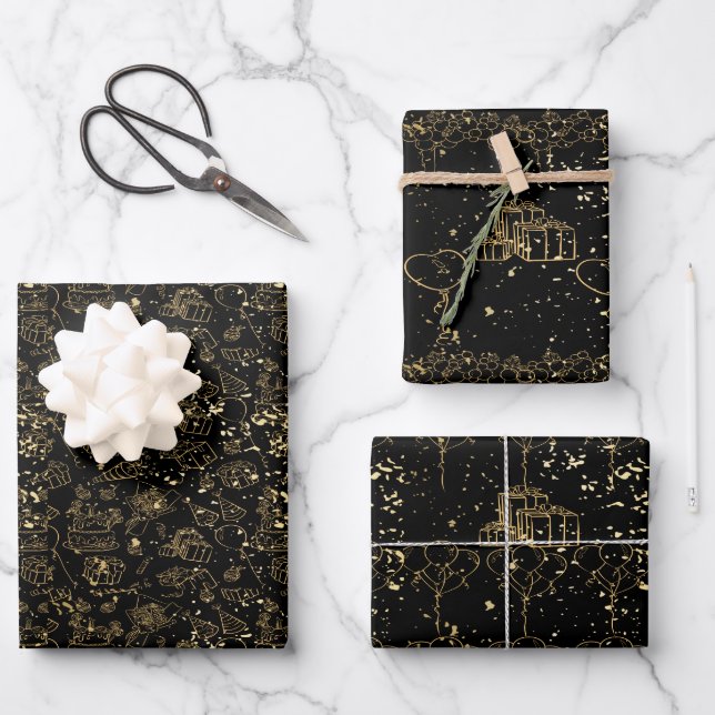 Happy Birthday Black Gold Wrapping Paper Geschenkpapier Set (Vorderseite)