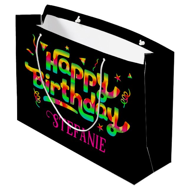 Happy Birthday Black Personalisiert Name Geburtsta Große Geschenktüte (Rückseite Schrägansicht)