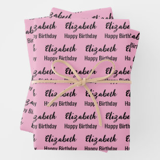 Happy Birthday Black Script Name Light Pink Geschenkpapier Set