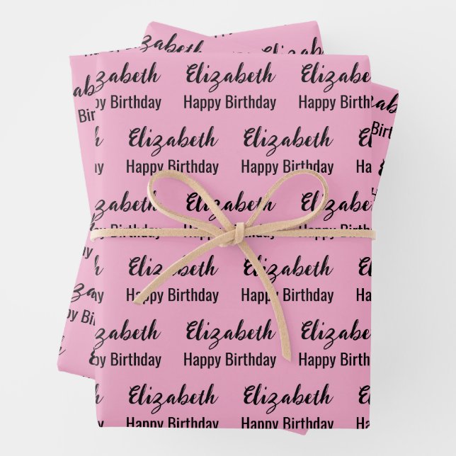 Happy Birthday Black Script Name Light Pink Geschenkpapier Set (Beispiel)