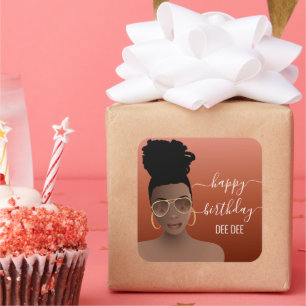 Happy Birthday Black Woman Gold Shades Copper Quadratischer Aufkleber