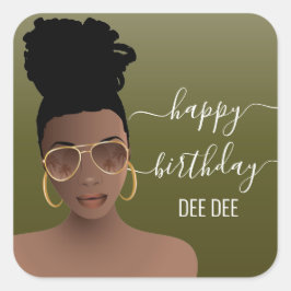 Happy Birthday Black Woman Gold Shades Olive Green Quadratischer Aufkleber