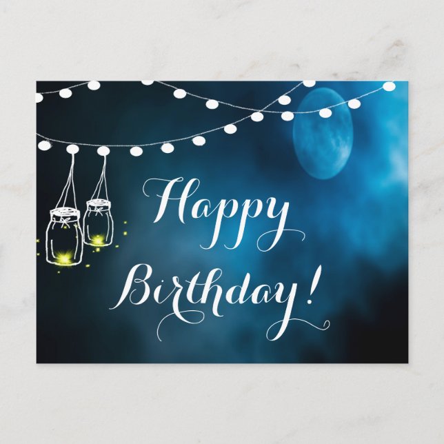 Happy Birthday blauer Mond helle Saiten Mason-Gläs Postkarte (Vorderseite)