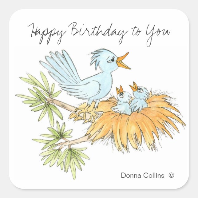 Happy Birthday Blue Birds Quadratischer Aufkleber (Vorderseite)