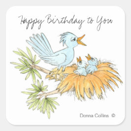 Happy Birthday Blue Birds Quadratischer Aufkleber