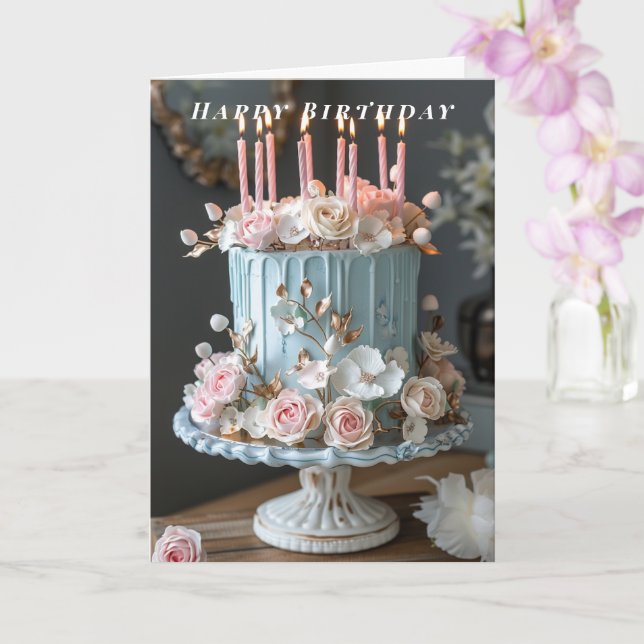 Happy Birthday Blue Cake Candles Spring Blumen Karte (Orchidee)