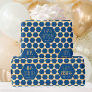 Happy Birthday Blue Gold Star Muster Personalisier Geschenkpapier