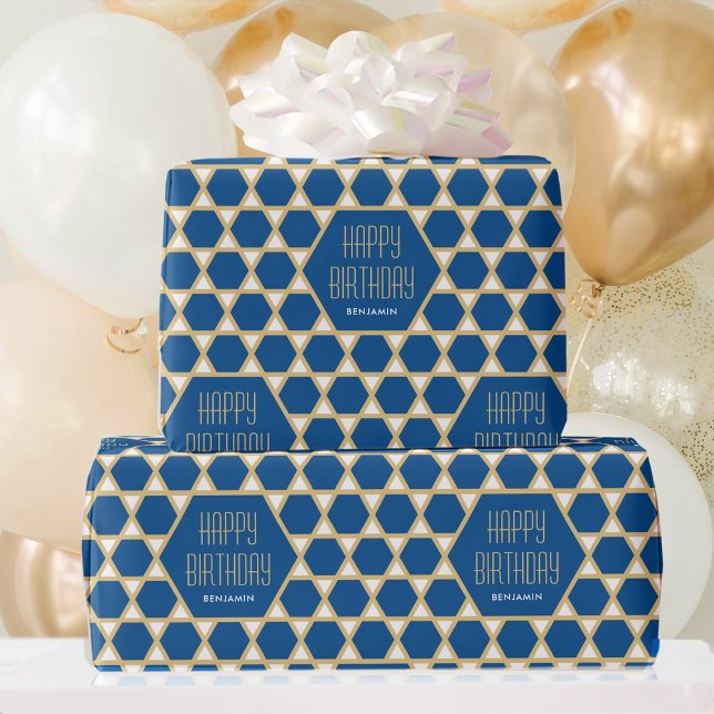 Happy Birthday Blue Gold Star Muster Personalisier Geschenkpapier (Von Creator hochgeladen)