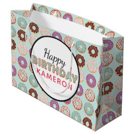 HAPPY BIRTHDAY Blue Iced Donuts Muster mit Namen Große Geschenktüte