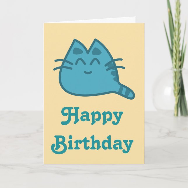 Happy Birthday Blue lächelnd Kitty Cat Karte (Vorderseite)