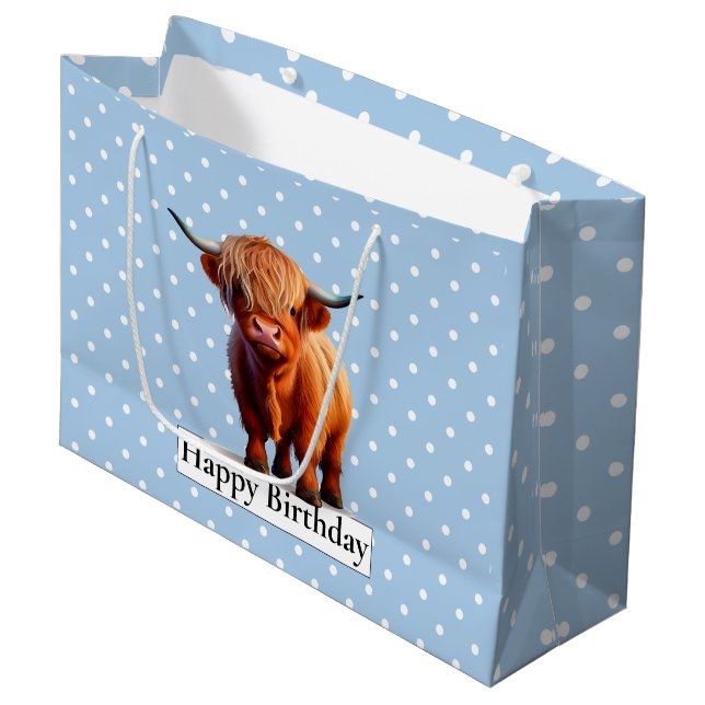 HAPPY BIRTHDAY Blue LONG HAIR COW Große Geschenktüte (Vorderseite Schrägansicht)