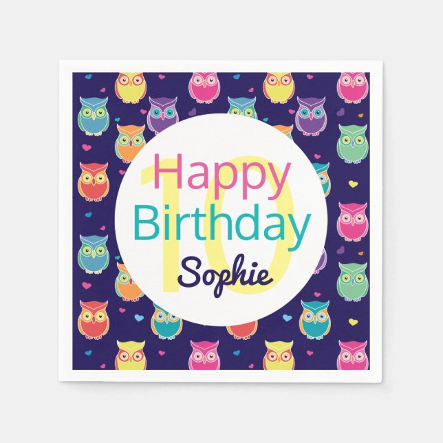 Happy Birthday Blue Owl Muster Personalisiert Kids Serviette (Vorderseite)