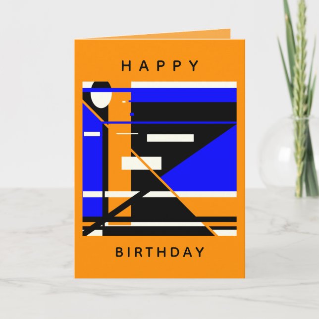 Happy Birthday Blue Schwarz-weiß Orange MCM Look Karte (Vorderseite)