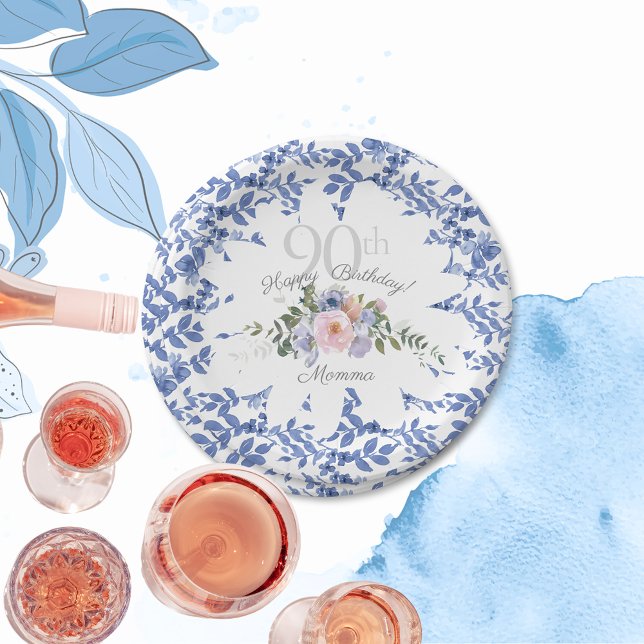 Happy Birthday Blue White Florals Paper Plate Pappteller (Von Creator hochgeladen)