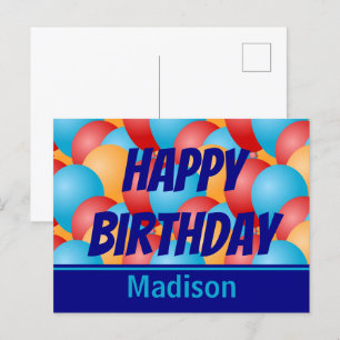 Happy Birthday Blue Yellow Red Balloons & Name Postkarte