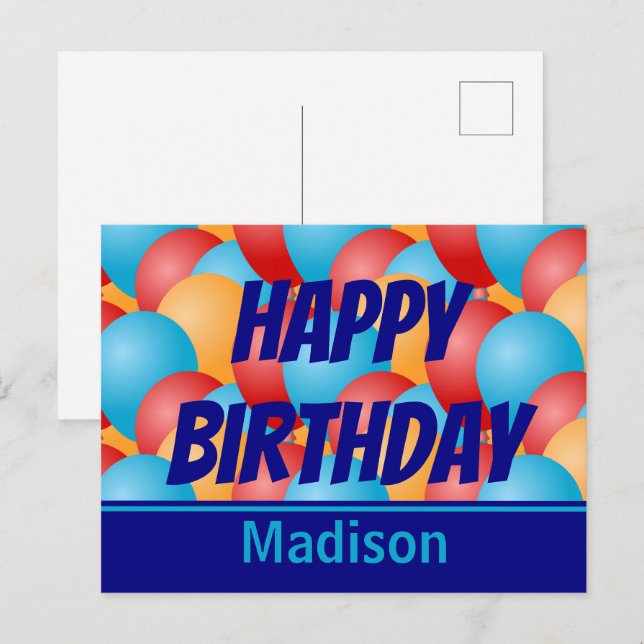 Happy Birthday Blue Yellow Red Balloons & Name Postkarte (Vorne/Hinten)