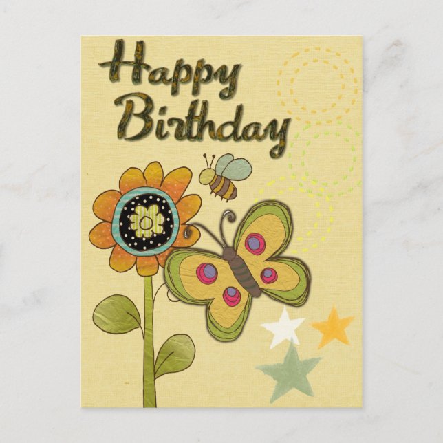 Happy Birthday Blume Butterfly Biene Nature Postkarte (Vorderseite)