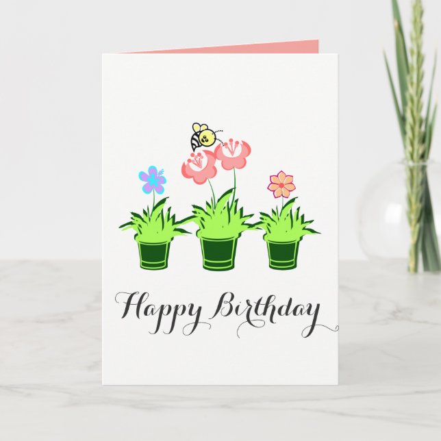 "Happy Birthday" Blume Pflanze mit Bienenkarte Karte (Vorderseite)