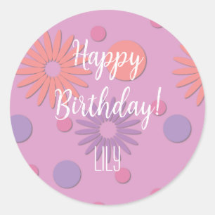 Happy Birthday Blume & Polka Dots Runder Aufkleber