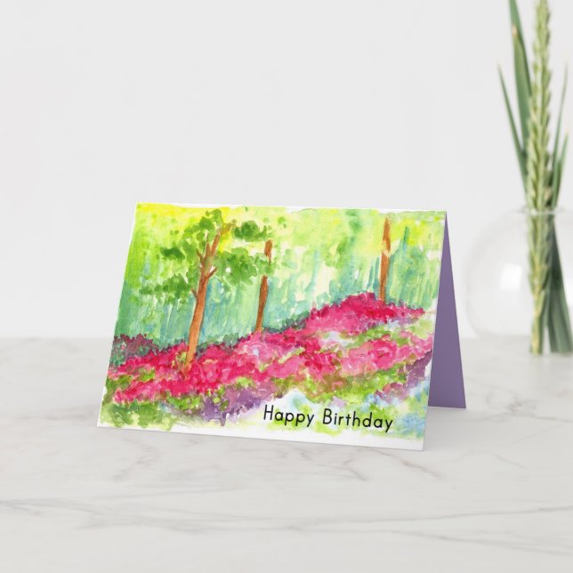 Happy Birthday Blume Wiesen Bäume Wasserfarbe Karte (Vorderseite)