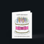 Happy Birthday Bonus Sister Karte<br><div class="desc">Ein großer weißer Geburtstagskuchen mit hellen Kerzen und einem rosa Bogen,  der um ihn herum gefesselt ist. Die Worte "Glücklichen Geburtstag zu meiner wunderbaren Bonusschwester" begleiten das Bild,  das einen weißen Hintergrund hat.</div>