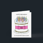Happy Birthday Bonus Sister Karte<br><div class="desc">Ein großer weißer Geburtstagskuchen mit hellen Kerzen und einem rosa Bogen,  der um ihn herum gefesselt ist. Die Worte "Glücklichen Geburtstag zu meiner wunderbaren Bonusschwester" begleiten das Bild,  das einen weißen Hintergrund hat.</div>