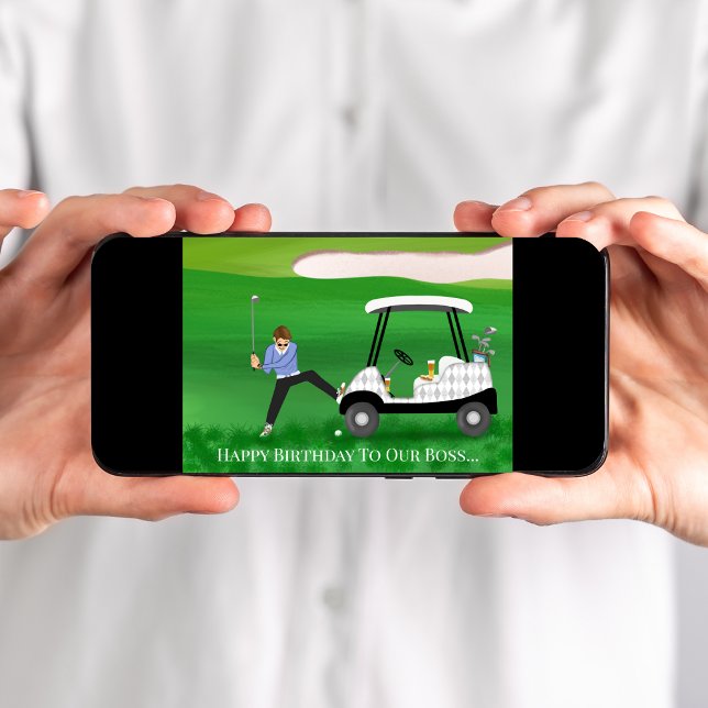Happy Birthday Boss - Golfer in sonniger Lage Karte (Navigate a hilarious golfing mishap with this 'fairway' out birthday instant card!)