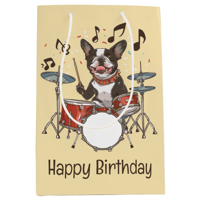 Happy Birthday Boston Terrier Dog Playing Drums Mittlere Geschenktüte (Vorderseite)