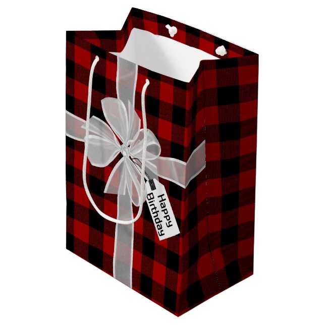 Happy Birthday Bow auf Kariert Mittlere Geschenktüte (Vorderseite Schrägansicht)